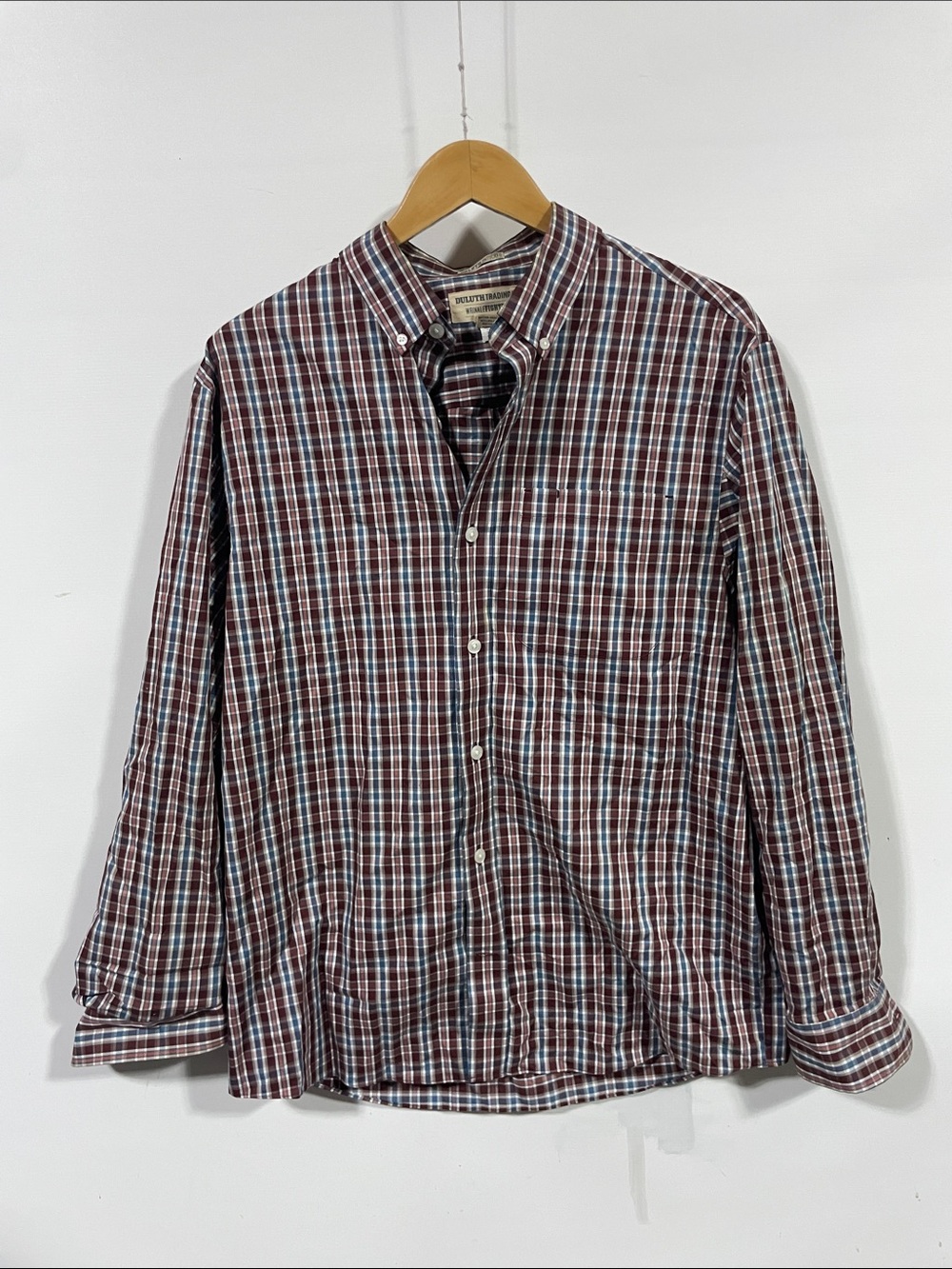 Duluth Trading Co Maroon, Blue and White Plaid Button-Down Shirt